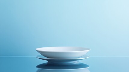 Poster - Minimalist Interior Design Featuring a Marble Surface, a Simple Bowl, and a Slender Plant Vase Against a Blue Wall in Bright Daylight