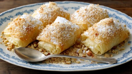 Poster - Close-up view of golden-brown pastry rolls lightly dusted with powdered sugar, served on a vintage plate with crushed walnuts and a touch of crumbs