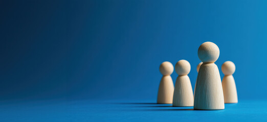 Poster - Wooden figurines representing teamwork and collaboration on blue background.