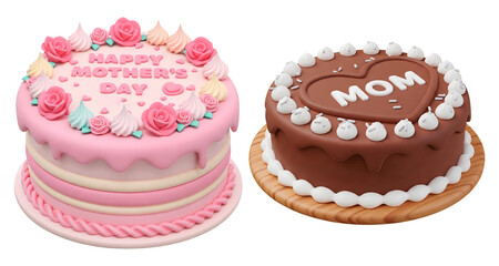 Poster - 3d pink cake with roses and Happy Mother's Day words and chocolate cake with the word MOM in a heart and white frosting swirls isolated on transparent background, PNG file add