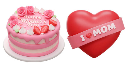 Poster - 3d pink cake with roses and strawberries with the words Happy Mother's Day and red heart with a pink ribbon that say I Love Mom isolated on transparent background, PNG file add