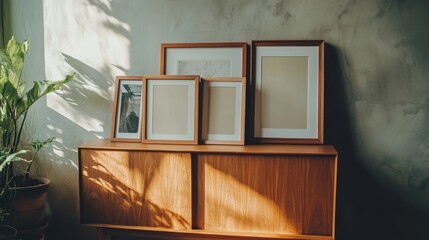 Poster - Elegant Wooden Furniture With Empty Frames Illuminated by Soft Sunlight in a Stylish Interior Setting During the Afternoon