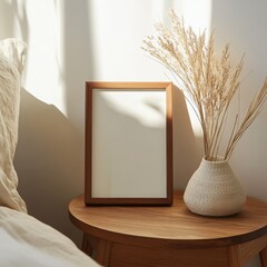 Poster - Elegant Wooden Lamp Illuminates a Serene Bedroom With Soft Sunlight Streaming Through a Window