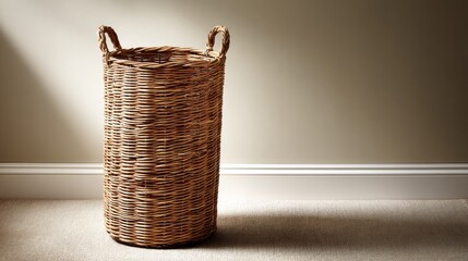 Poster - Cylindrical storage container with hand-woven texture and two handles positioned on a neutral rug, illuminated by soft indoor lighting, creating a warm atmosphere