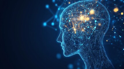 Fototapete - Digital Representation of a Human-Like Silhouette With Glowing Connections Against a Dark Background, Symbolizing Artificial Intelligence and Technology Evolution