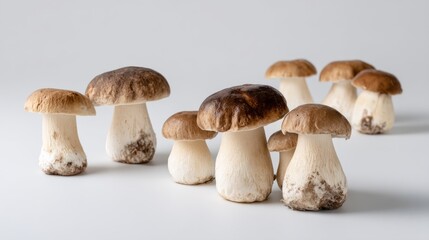 Poster - Group of fresh boletus mushrooms with earthy stems, placed on a white surface, ideal for culinary presentations and recipes. Copy space available for text