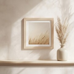 Poster - Decorative Arrangement With a Vase of Dried Grass and a Wooden Frame on a Rustic Table Against a Textured Wall in a Cozy Indoor Setting
