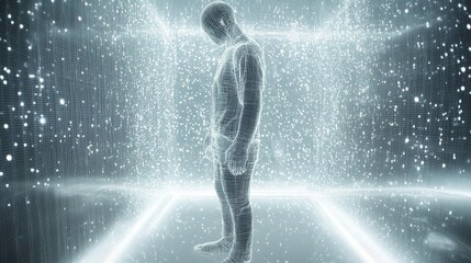 Fototapete - Silhouette of a Figure Surrounded by Glowing, Interconnected Lines Representing Data and Technology in a Digital Landscape