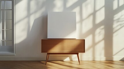 Poster - Minimalist Living Room With a Wooden Cabinet and a Blank Canvas on the Wall Lit by Natural Sunlight During the Afternoon