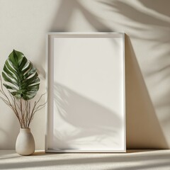 Poster - Decorative Indoor Setup Featuring Minimalist Design Elements Including a Blank Frame and Vases With Greenery and Dried Branches in Soft Natural Light