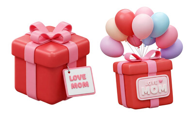Poster - 3d red gift box with pink ribbon and a sign that says Love Mom and red gift box with pink ribbon and balloons with a sign that says Love Mom isolated on transparent background, PNG file add