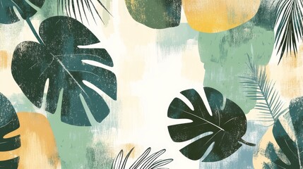 Poster - Tropical Leaves Create a Lush and Vibrant Background Filled With Various Shades of Green, Showcasing Nature's Beauty and Tranquility in a Delicate Artistic Style