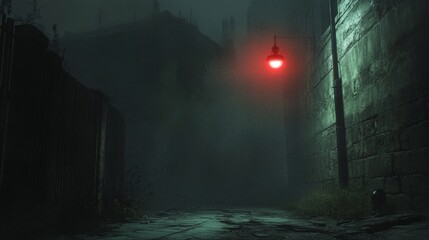 Poster - Mysterious Red Streetlight Illuminating Foggy Cobblestone Path at Night With an Eerie Ambiance and Shadows