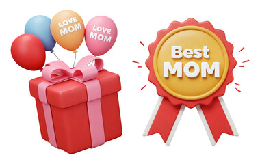 Poster - 3d red gift box with pink ribbon and balloons with the words Love Mom and Best MOM golden badge with red and white ribbons isolated on transparent background, PNG file add