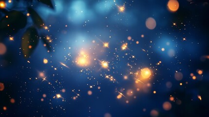 Poster - Cosmic Background Filled With Bright Glowing Orbs and Shimmering Particles in a Dark Blue Space Setting During a Nighttime Observation