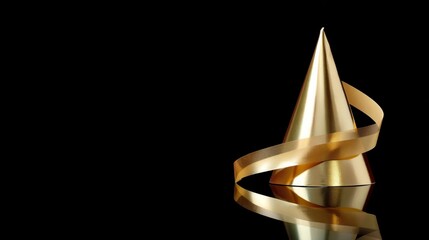 Fototapete - A gold party hat stands prominently on a matte black surface, reflecting light beautifully while casting delicate shadows, ideal for festive occasions or themed parties