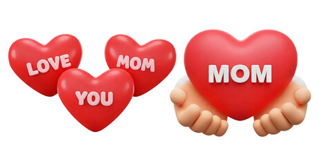 Poster - 3d rendering red hearts with the words Love You Mom and two cartoon hands holding a red heart with the word MOM isolated on transparent background, PNG file add