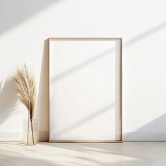 Poster - Beautiful Blank Picture Frame Leaning Against a Sunlit Wall in a Modern Room, Ready for Creative Artwork