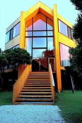 Poster - Bright Modern Interior With Stunning Lake View Showcases Vibrant Design Elements and Natural Light During Sunset in a Contemporary Home