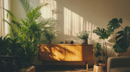 Poster - Sunlight Filters Through a Lush Indoor Garden Highlighting a Wooden Sideboard With Various Plants and Decorative Items in a Peaceful Living Space