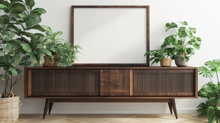 Poster - Modern Interior Decor Featuring a Wooden Cabinet With Plants and an Empty Frame on a Wall in a Living Space During Bright Daylight