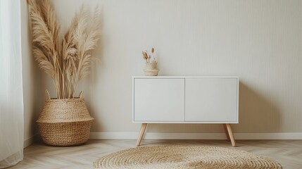 Poster - Modern Interior Design Featuring a Minimalist Wooden Cabinet With Natural Decor Elements on Display in a Cozy Living Room Setting