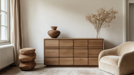 Poster - Wooden Dresser With Multiple Drawers Placed Against a Plain Wall in a Minimalistic Interior Space During Daylight