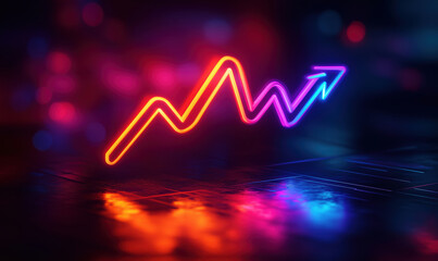 Poster - Neon glowing upward trend graph with vibrant colors and reflections on dark background.