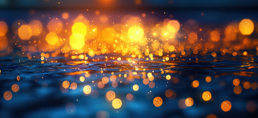 Poster - Bokeh lights reflecting on water surface creating magical atmosphere at sunset.