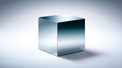 Poster - A sleek mirror-finished cube stands in a three-quarter view, creating a soft shadow on a white surface while ambient light enhances its reflective surface