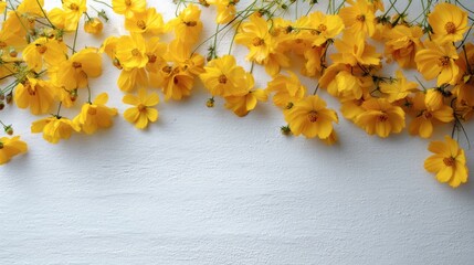 Leinwandbilder - Bright yellow cosmos flowers are arranged in a top-down layout on a plain surface, showcasing their rich colors and providing clear space for text on the right side