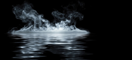 Poster - Ethereal smoke rising from reflective water surface in dark background.