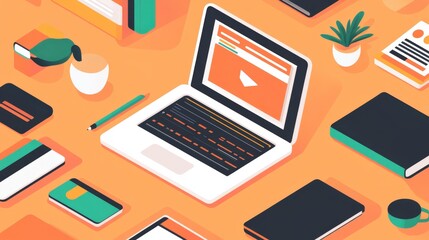 Poster - Bright Orange Workspace With Laptops, Coffee, Stationery, and Plants Fostering Creativity and Productivity During a Work Session
