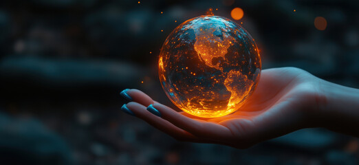 Poster - glowing earth sphere held in hand with fiery elements and cosmic background.