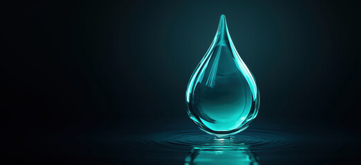 Poster - Elegant glass water droplet sculpture reflecting light in dark background.