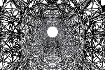 Poster - intricate, black and white, tunnel-like structure with complex, symmetrical design. perspective crea