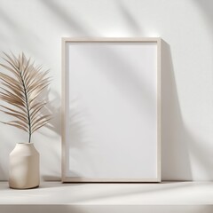 Poster - Minimalist Interior Featuring a Blank Frame, Wooden Stool, and Decorative Elements in a Softly Lit Room