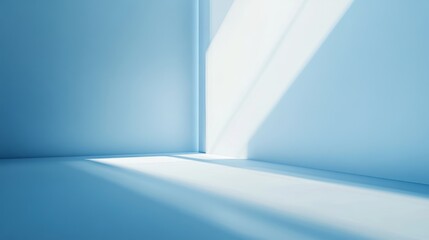 Poster - Soft Sunlight Illuminates a Serene Blue Wall and Floor in a Peaceful Indoor Space During the Late Afternoon