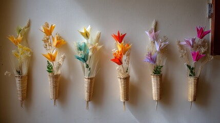 Poster - Unique wall decor showcases an eclectic mix of dried plants, woven straw vases, and vibrant origami flowers, enhanced by soft natural light in a stylish setting