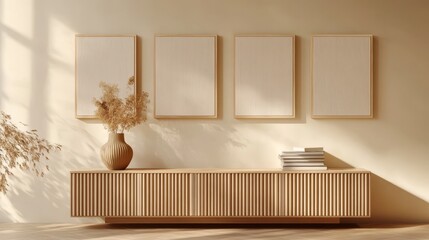 Poster - Modern Interior Featuring Minimalist Frames and Decorative Vase in a Serene Living Room Setting With Neutral Tones and Clean Lines