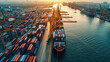 © visoot - Aerial view seaport shipping container cargo ship industrial sunrise water transportation logistics cityscape. Busy seaport with cargo ships and containers sunrise industrial area waterway