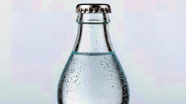 A clear glass bottle filled with bubbling water stands against a white background, symbolizing purity and refreshment.
