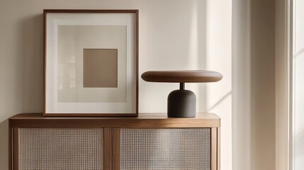 Poster - Minimalist Interior Design With a Wooden Dresser, a Round Lamp, and Soft Sunlight Illuminating the Empty Picture Frame