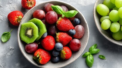 Aufkleber - Top-down view of a colorful fruit bowl filled with kiwi slices, fresh strawberries, grapes, and vibrant basil leaves, providing room for text or branding