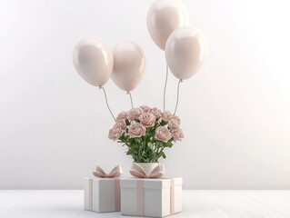 Aufkleber - Elegant pastel balloons float above bouquet of soft pink roses in white vase, accompanied by two gift boxes with ribbons, creating serene celebratory atmosphere