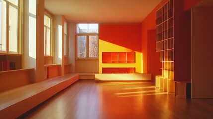 Poster - Spacious Modern Interior With Large Windows Showcasing Nature During Golden Hour in a Tranquil Forest Setting