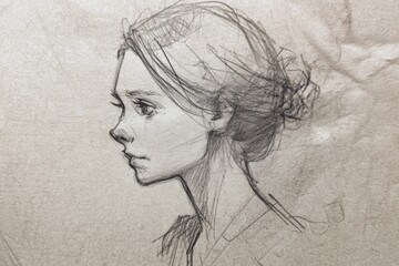 Poster - Pencil Sketch of a Womans Profile on Textured Paper Showcasing Delicate Lines and Subtle Expressions in Soft Shades Generative AI
