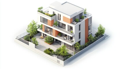 Poster - Modern Architectural Design Featuring a Multi-Story Building With Diverse Activities on Various Floors and Rooftop Interactions During Daylight