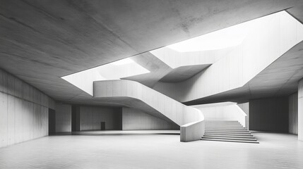 Poster - Modern Architectural Design Featuring Intricate Concrete Staircases and Unique Structural Forms in an Expansive Indoor Space