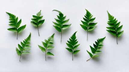 Leinwandbilder - Green fern leaves are artistically arranged on a flat white surface, subtly casting shadows. The composition offers space for text or branding
